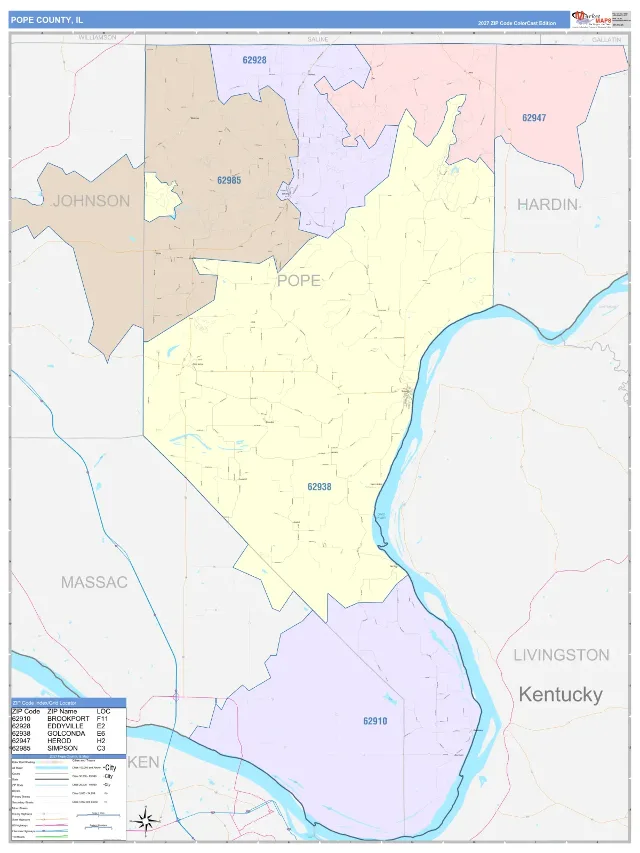 Pope County, IL ZIP Code Wall Map, ColorCast style