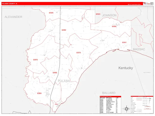 Pulaski County, IL ZIP Code Wall Map, RedLine style