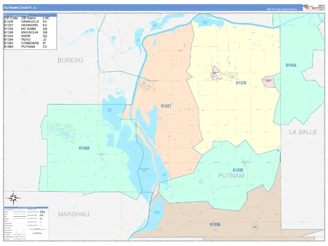 Putnam County, IL ZIP Code Wall Map, ColorCast style