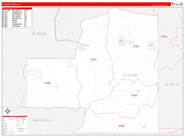Putnam County, IL ZIP Code Wall Map, RedLine style