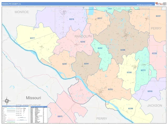 Randolph County, IL ZIP Code Wall Map, ColorCast style