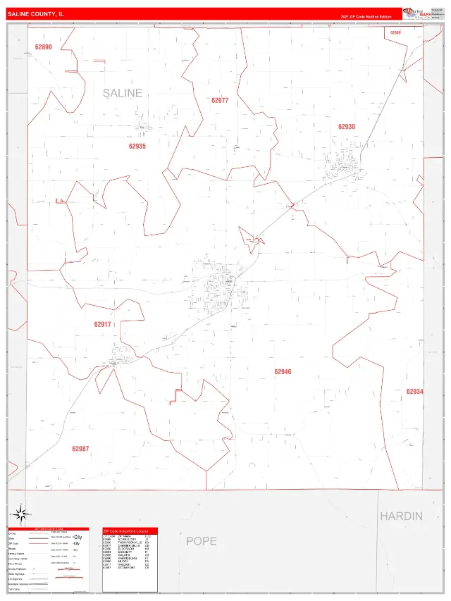 Saline County, IL ZIP Code Wall Map, RedLine style