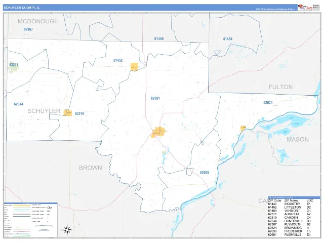 Schuyler County, IL ZIP Code Wall Map, Business Reference style