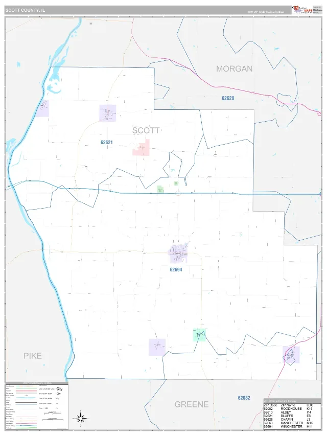 Scott County, IL ZIP Code Wall Map, Classic style