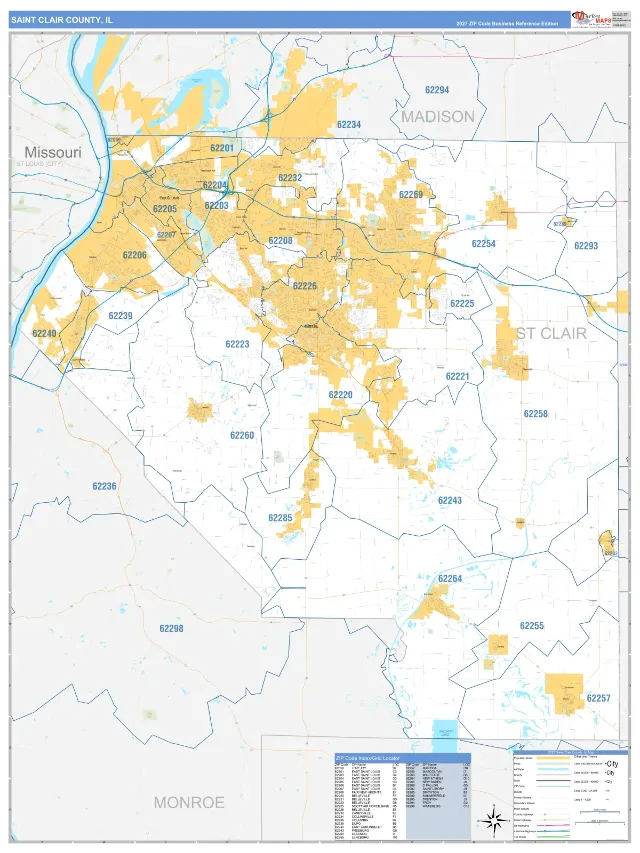 St. Clair County, IL ZIP Code Wall Map, Business Reference style