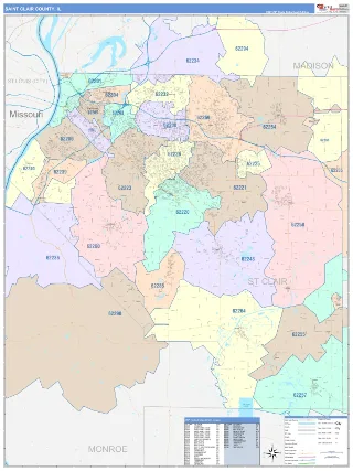 St. Clair County, IL ColorCast style ZIP Code wall map