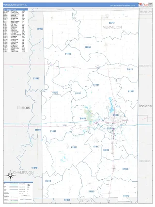 Vermilion County, IL Business Reference style ZIP Code wall map