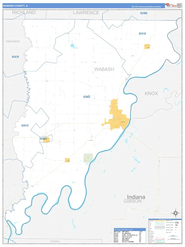 Wabash County, IL ZIP Code Wall Map, Business Reference style