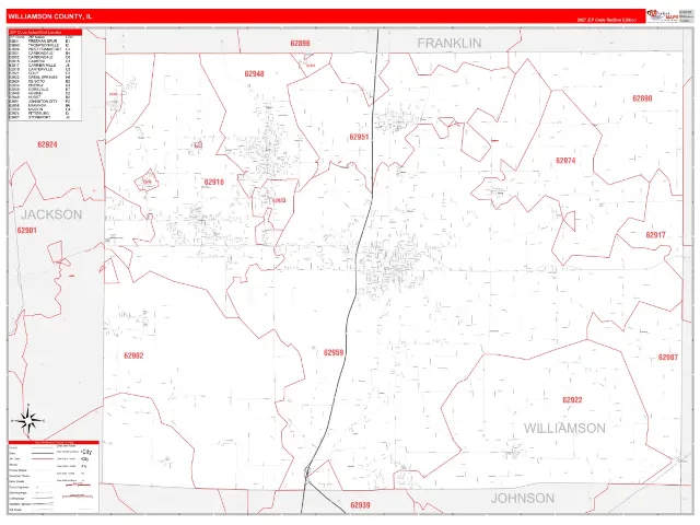 Williamson County, IL ZIP Code Wall Map, RedLine style