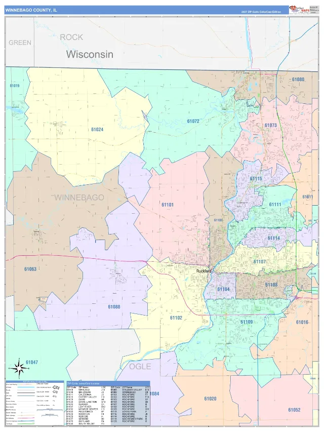 Winnebago County, IL ZIP Code Wall Map, ColorCast style