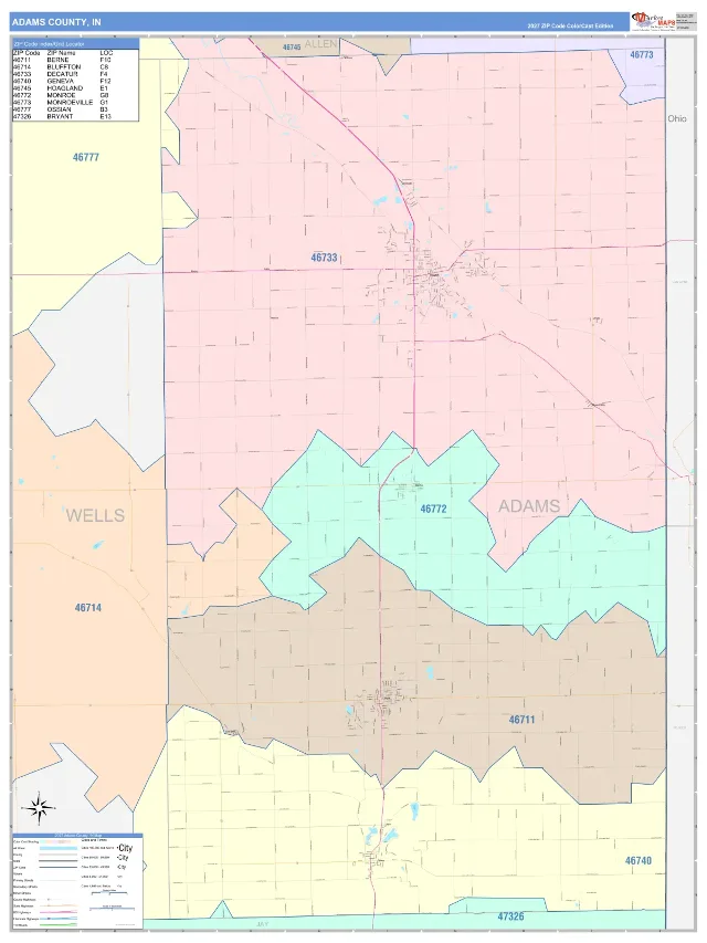 Adams County, IN ZIP Code Wall Map, ColorCast style