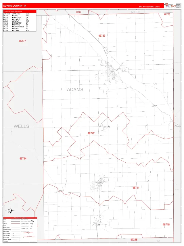 Adams County, IN ZIP Code Wall Map, RedLine style
