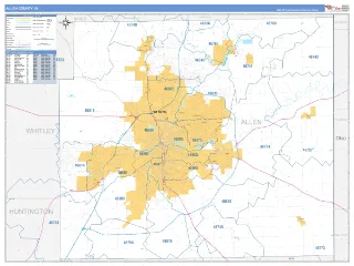 Allen County, IN Business Reference style ZIP Code wall map