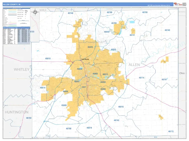 Allen County, IN ZIP Code Wall Map, Business Reference style