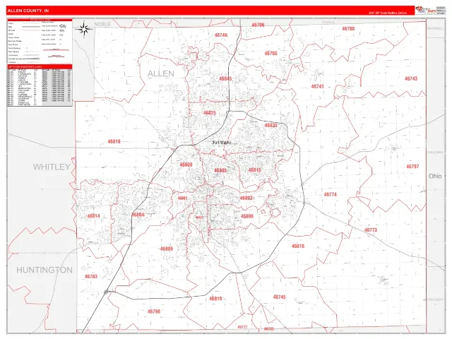 Allen County, IN ZIP Code Wall Map, RedLine style