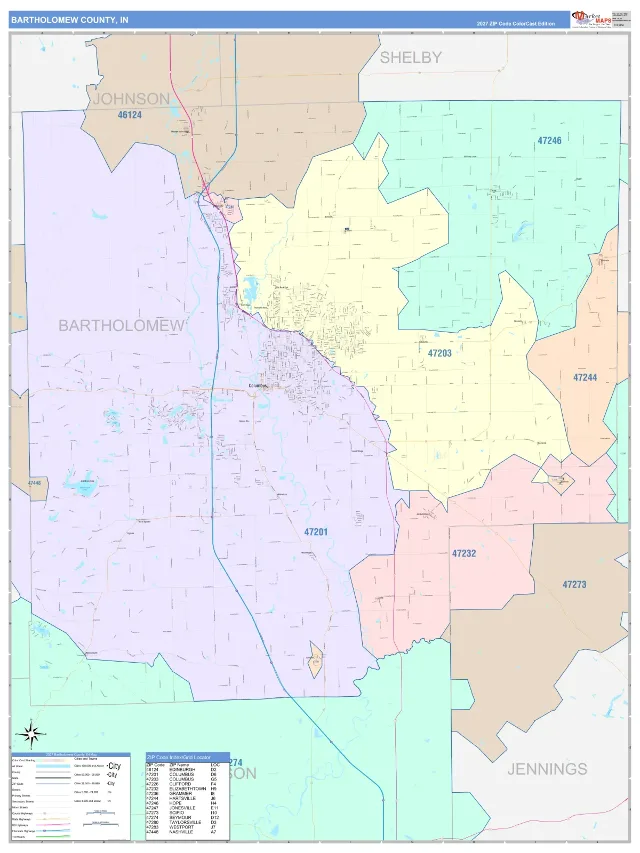 Bartholomew County, IN ZIP Code Wall Map, ColorCast style
