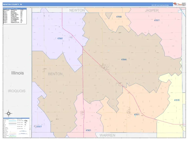 Benton County, IN ZIP Code Wall Map, ColorCast style