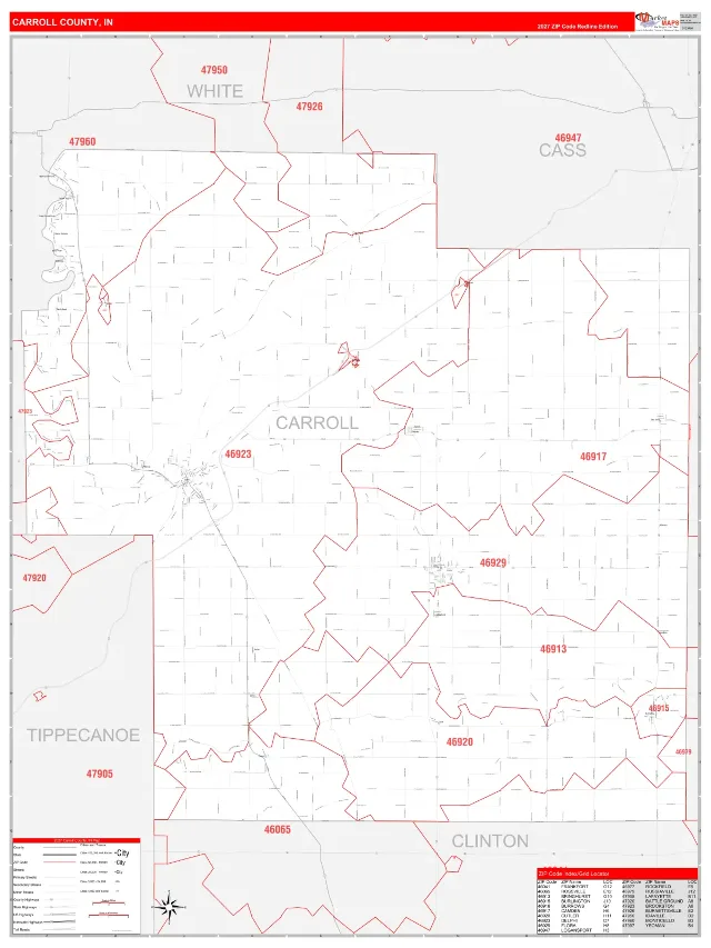Carroll County, IN ZIP Code Wall Map, RedLine style