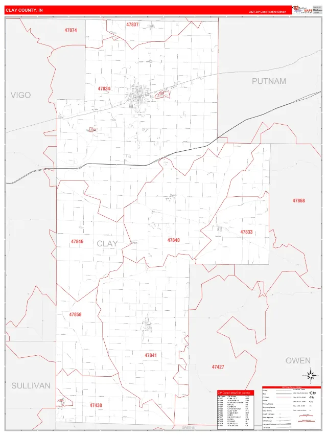 Clay County, IN ZIP Code Wall Map, RedLine style