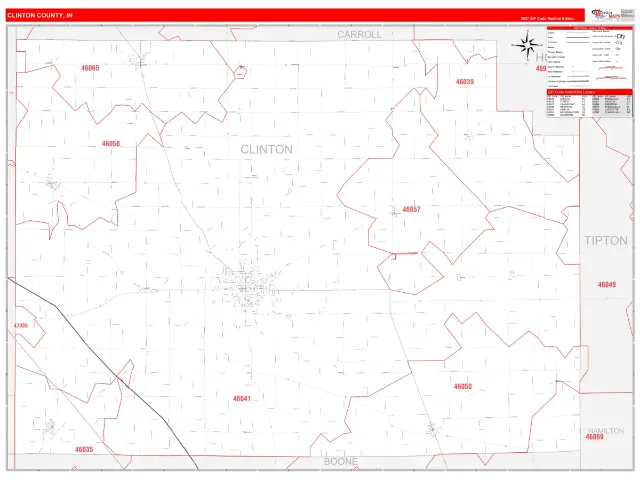 Clinton County, IN ZIP Code Wall Map, RedLine style