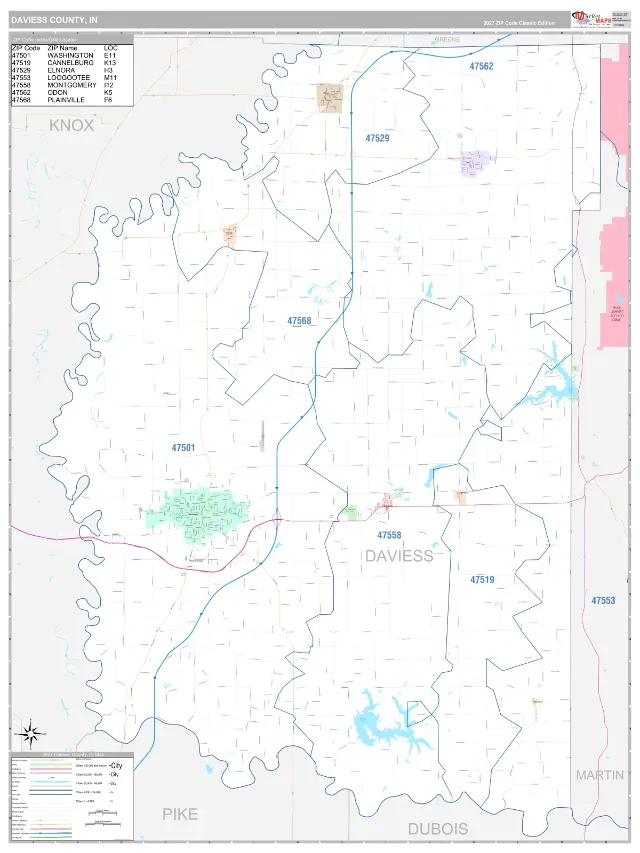 Daviess County, IN ZIP Code Wall Map, Classic style
