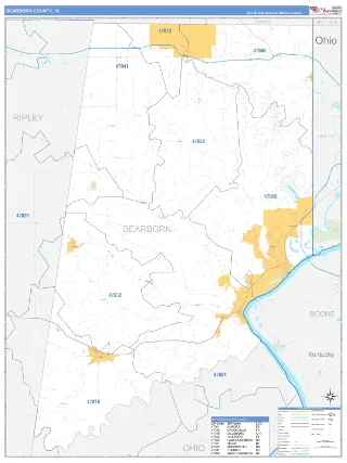 Dearborn County, IN Business Reference style ZIP Code wall map