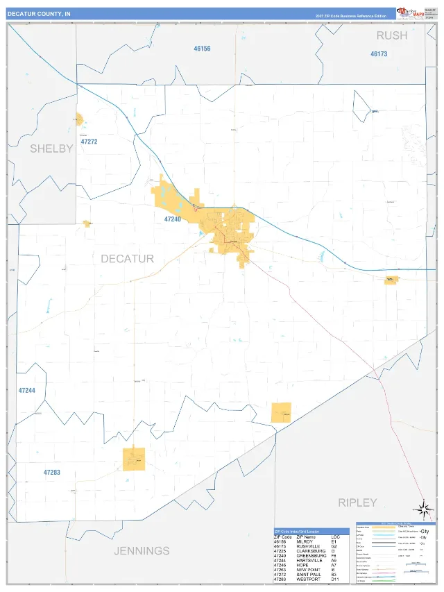 Decatur County, IN ZIP Code Wall Map, Business Reference style