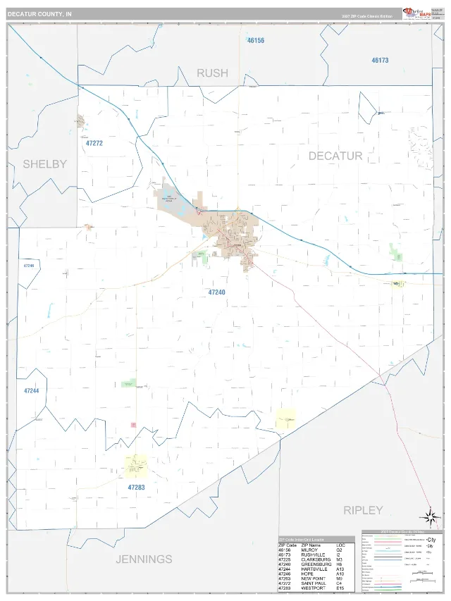 Decatur County, IN ZIP Code Wall Map, Classic style