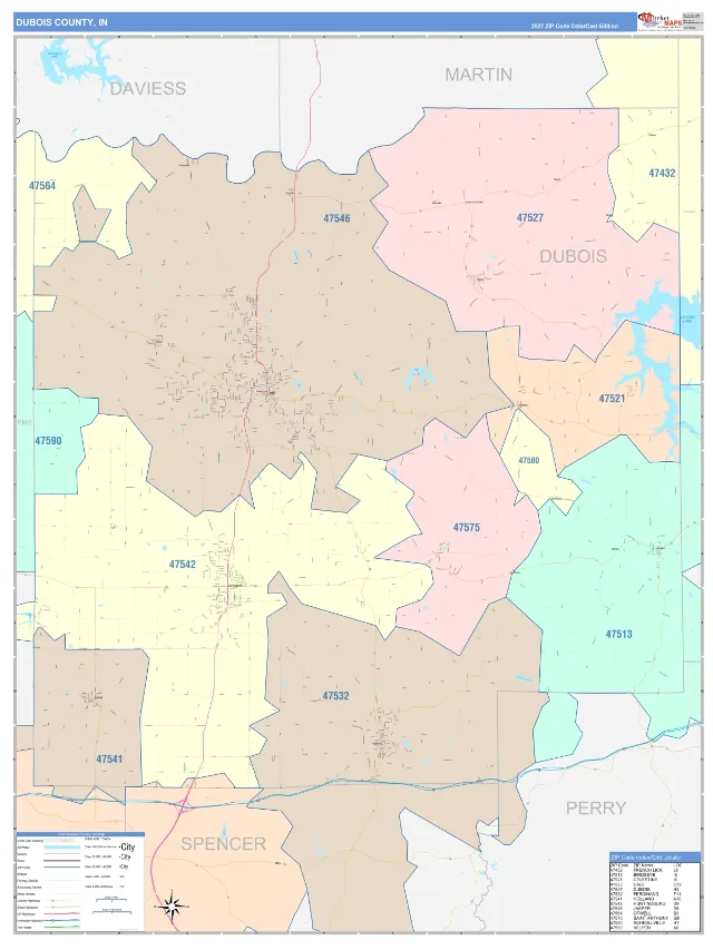 Dubois County, IN ZIP Code Wall Map, ColorCast style