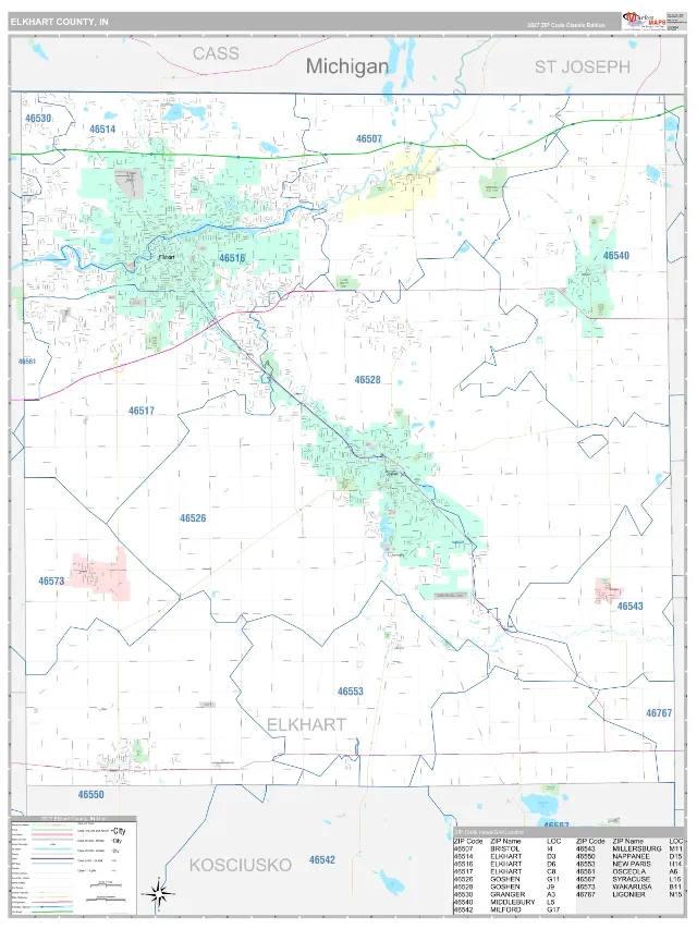 Elkhart County, IN ZIP Code Wall Map, Classic style