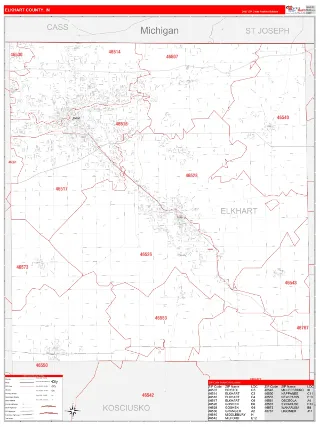 Elkhart County, IN RedLine style ZIP Code wall map