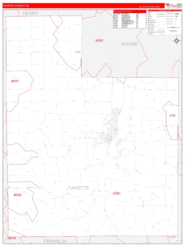 Fayette County, IN ZIP Code Wall Map, RedLine style