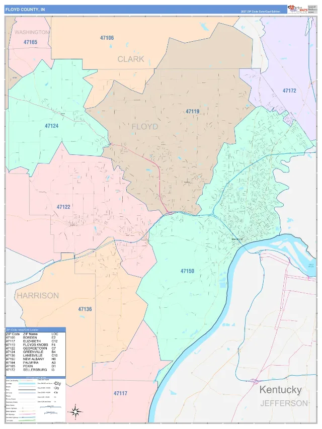 Floyd County, IN ZIP Code Wall Map, ColorCast style