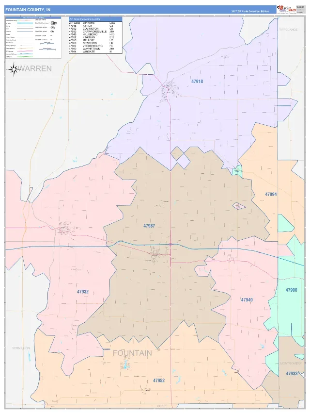 Fountain County, IN ZIP Code Wall Map, ColorCast style