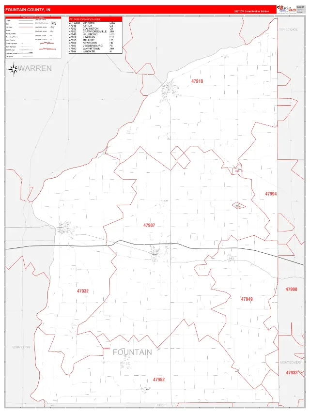 Fountain County, IN ZIP Code Wall Map, RedLine style