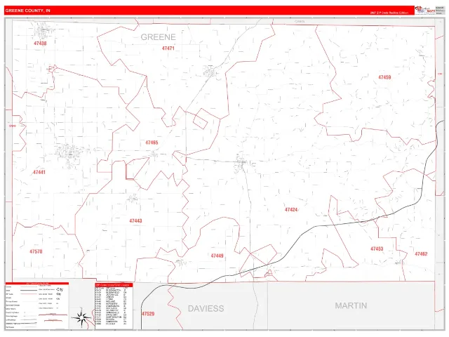 Greene County, IN ZIP Code Wall Map, RedLine style