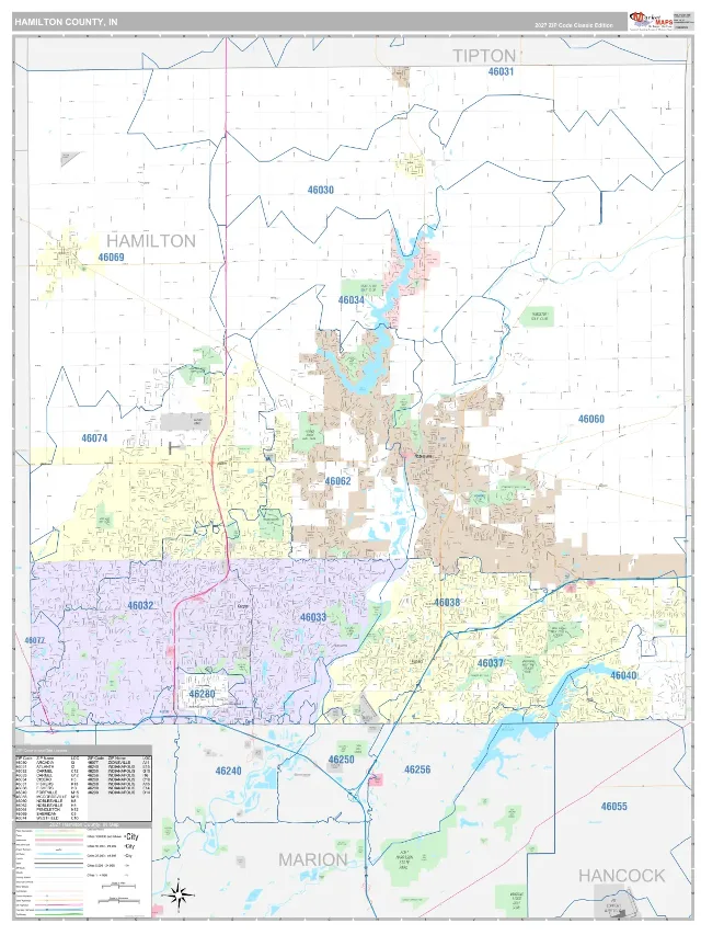 Hamilton County, IN ZIP Code Wall Map, Classic style