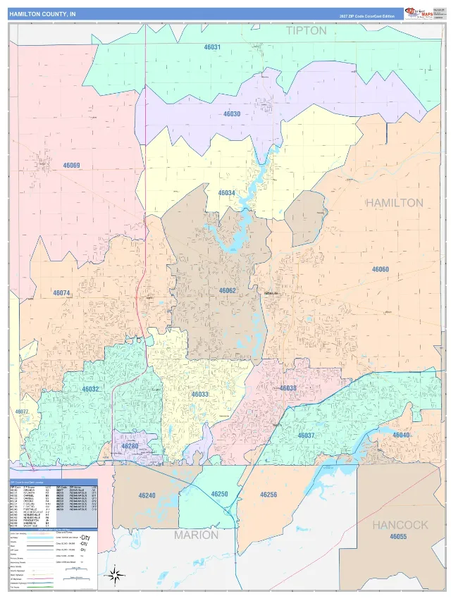 Hamilton County, IN ZIP Code Wall Map, ColorCast style