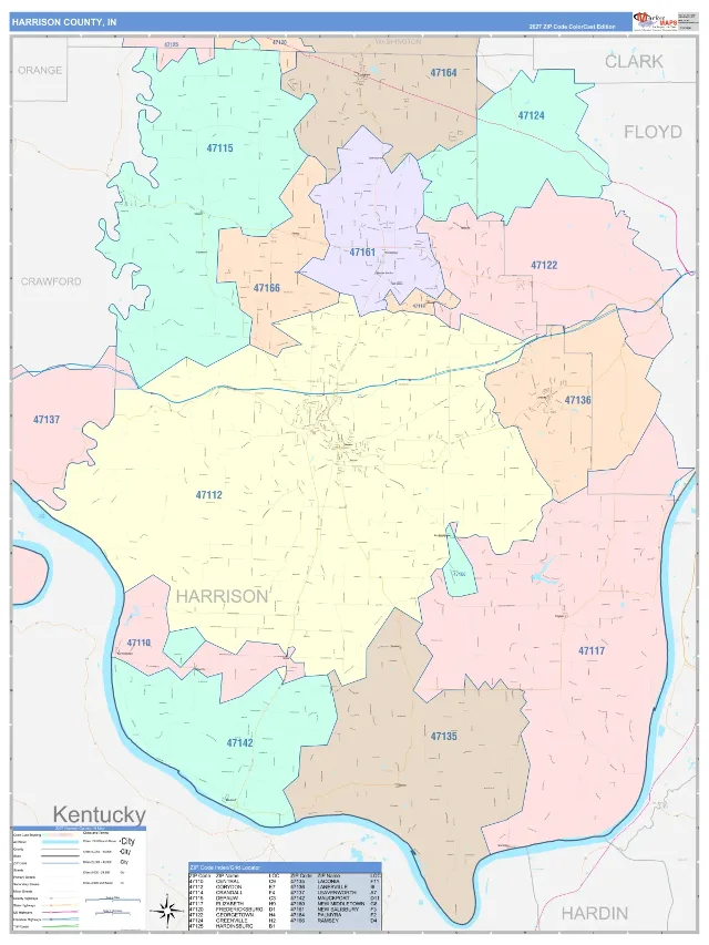 Harrison County, IN ZIP Code Wall Map, ColorCast style