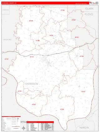 Harrison County, IN RedLine style ZIP Code wall map