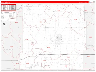 Henry County, IN RedLine style ZIP Code wall map