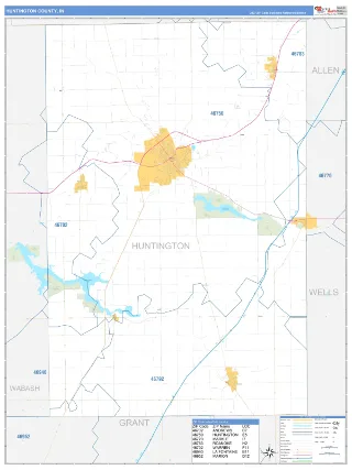 Huntington County, IN Business Reference style ZIP Code wall map