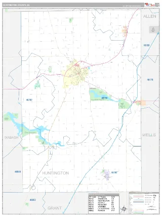 Huntington County, IN Classic style ZIP Code wall map
