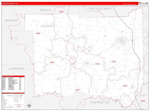 Jackson County, IN ZIP Code Wall Map, RedLine style
