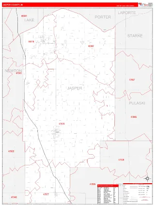 Jasper County, IN RedLine style ZIP Code wall map
