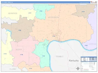 Jefferson County, IN ColorCast style ZIP Code wall map