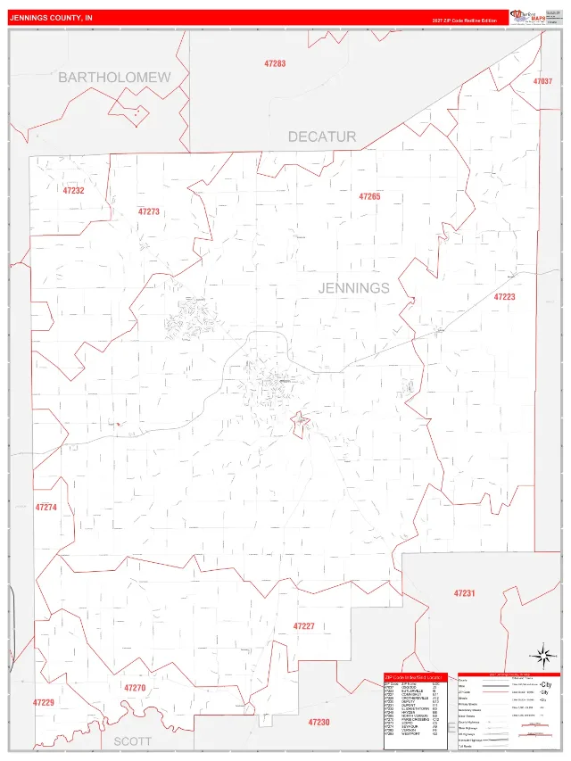 Jennings County, IN ZIP Code Wall Map, RedLine style