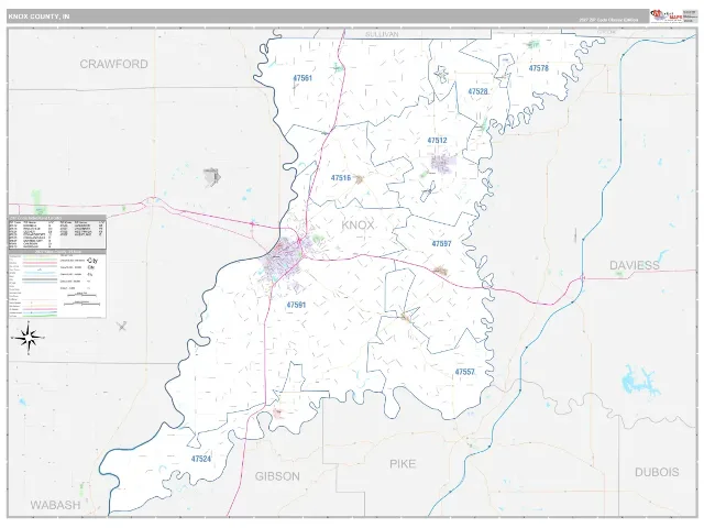 Knox County, IN ZIP Code Wall Map, Classic style
