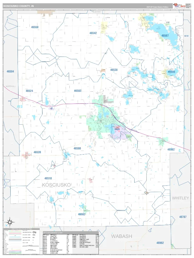 Kosciusko County, IN ZIP Code Wall Map, Classic style