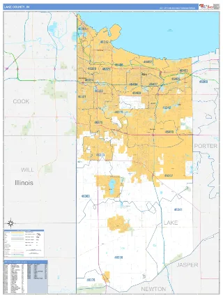 Lake County, IN Business Reference style ZIP Code wall map